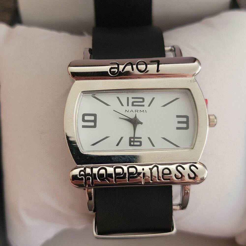 Vintage Narmi 5582 Womens Watch White Dial Love Happiness Black Strap Quartz